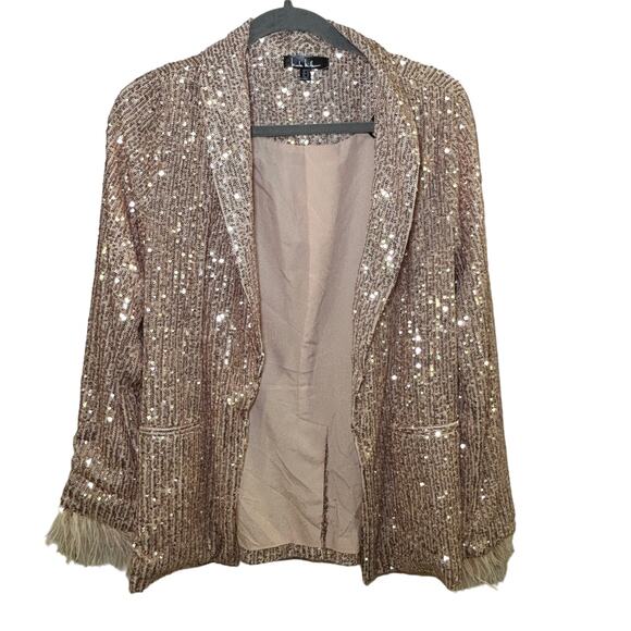 Nicole Miller Charlotte Allover Sequin Feather Trimmed Jacket Size Small‎ Gold - Picture 2 of 10